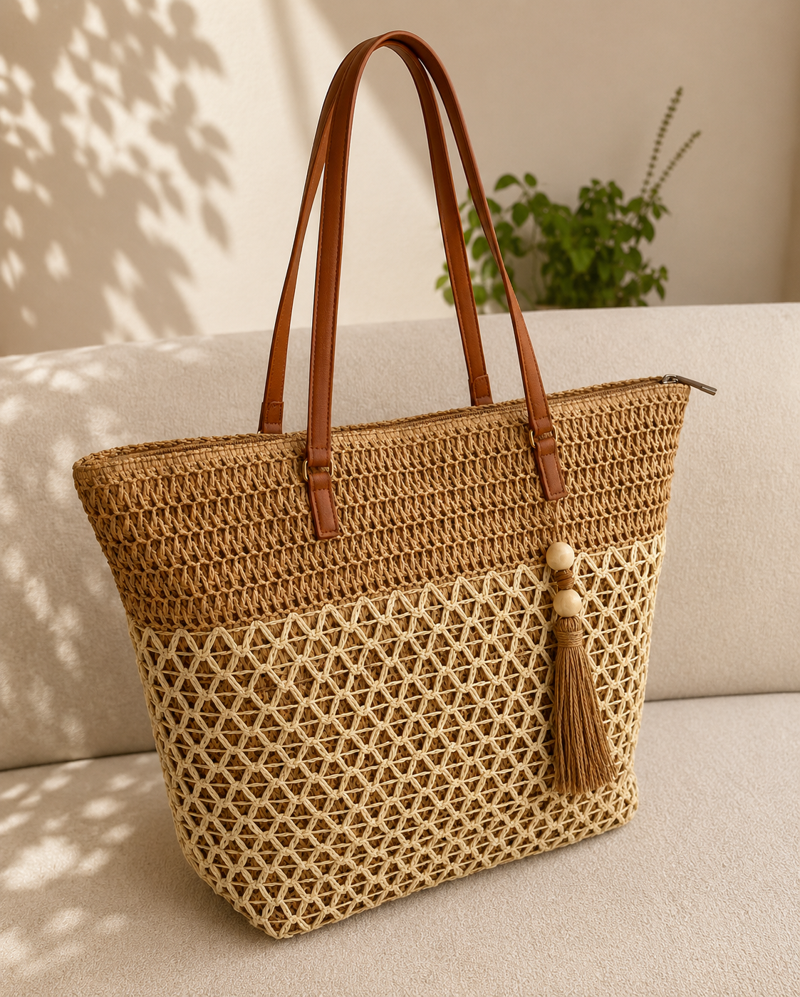 Natural Woven Tassel Tote