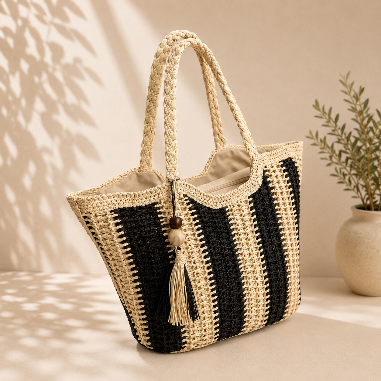 Boho Stripe Woven Tote Bag