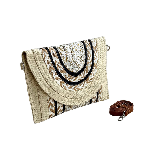 Black stripe woven straw clutch - cream