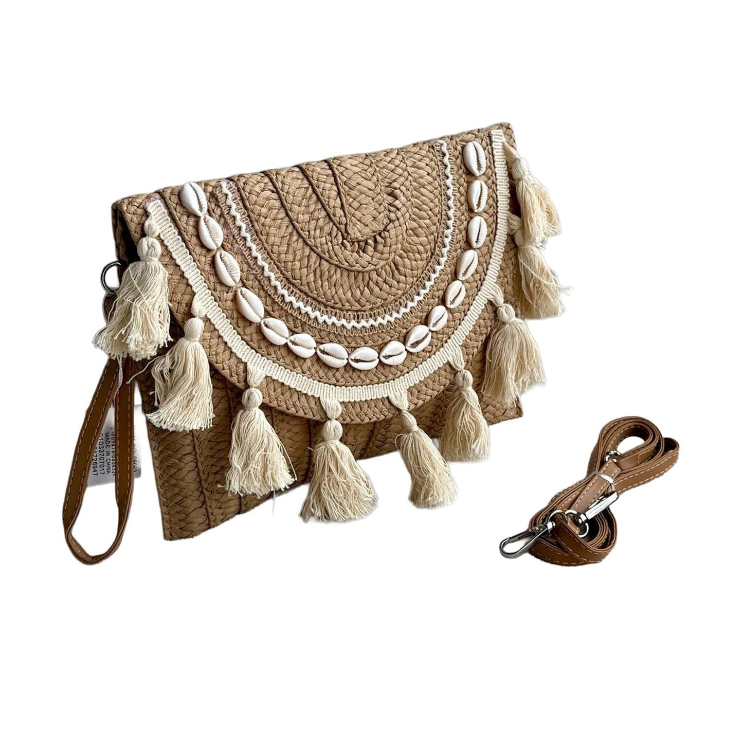 Shell and tassel woven straw clutch - tan