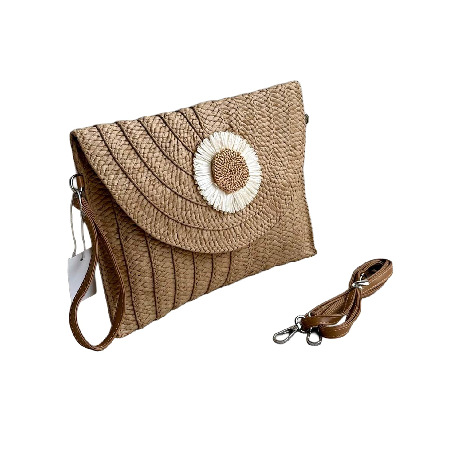 Daisy embroidered woven straw clutch - tan