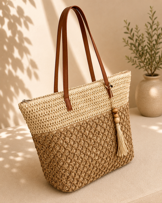 Natural Woven Tassel Tote