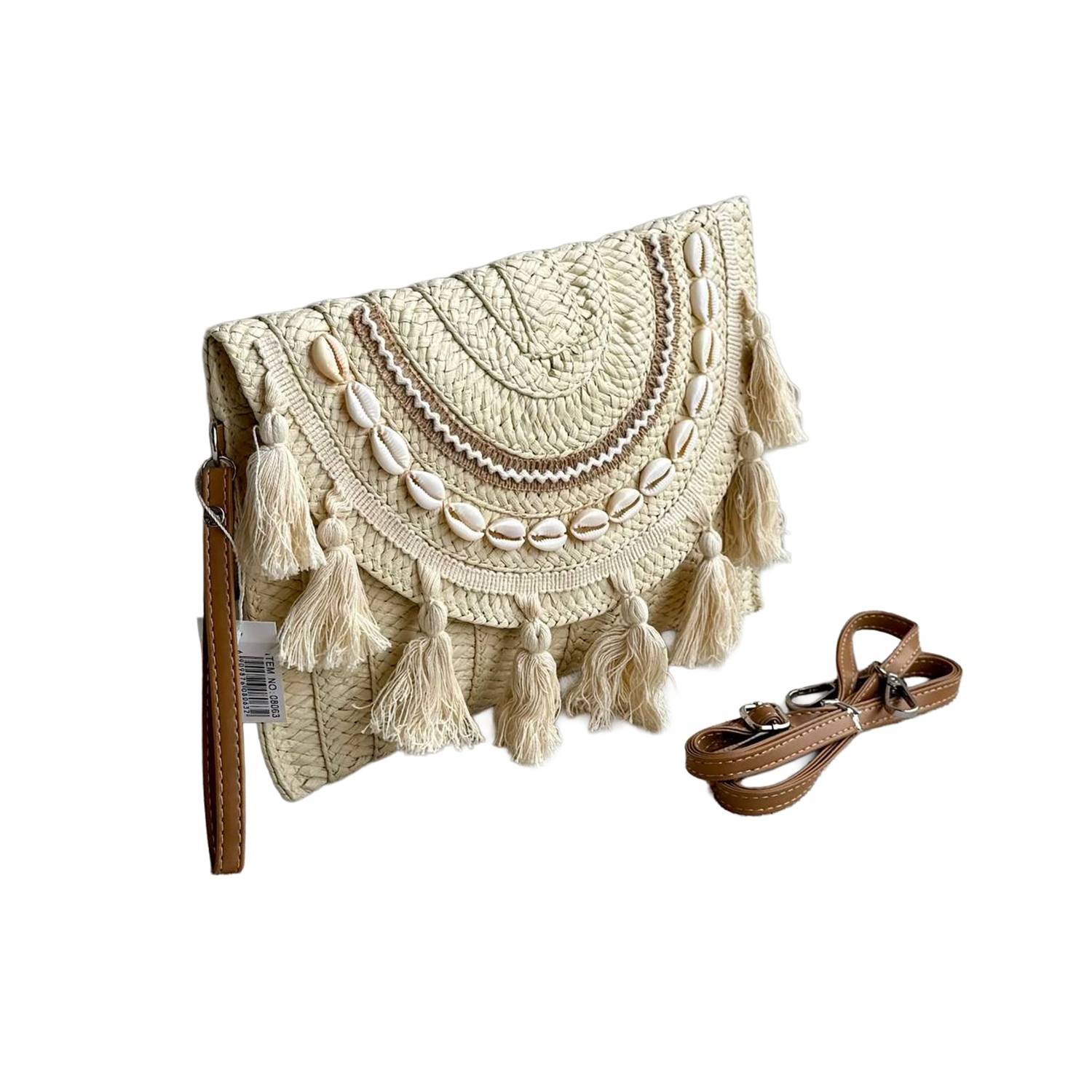 Shell and tassel woven straw clutch - cream