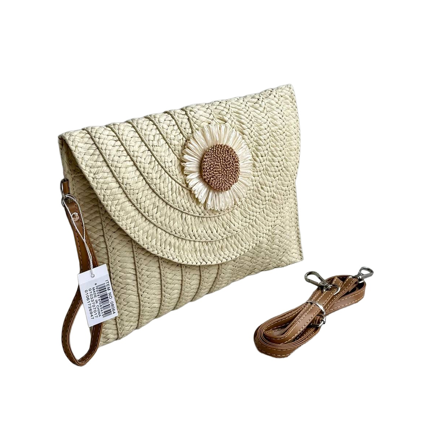 Daisy embroidered woven straw clutch - cream