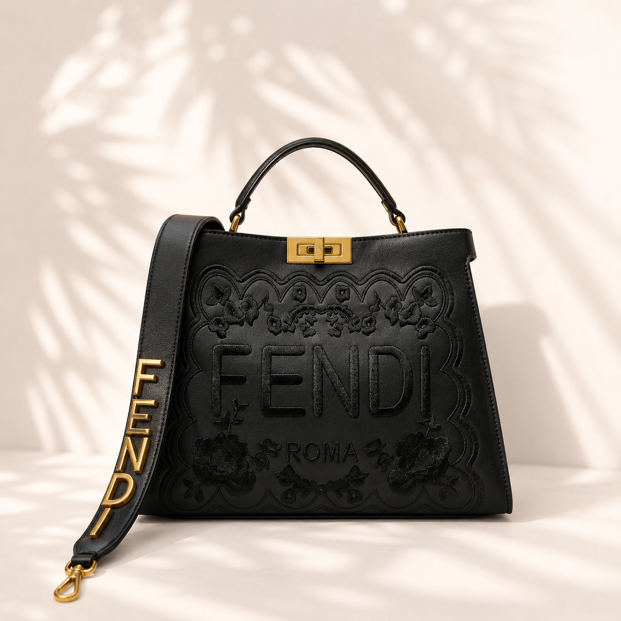 Fendi Roma Embroidered Peekaboo Leather Bag
