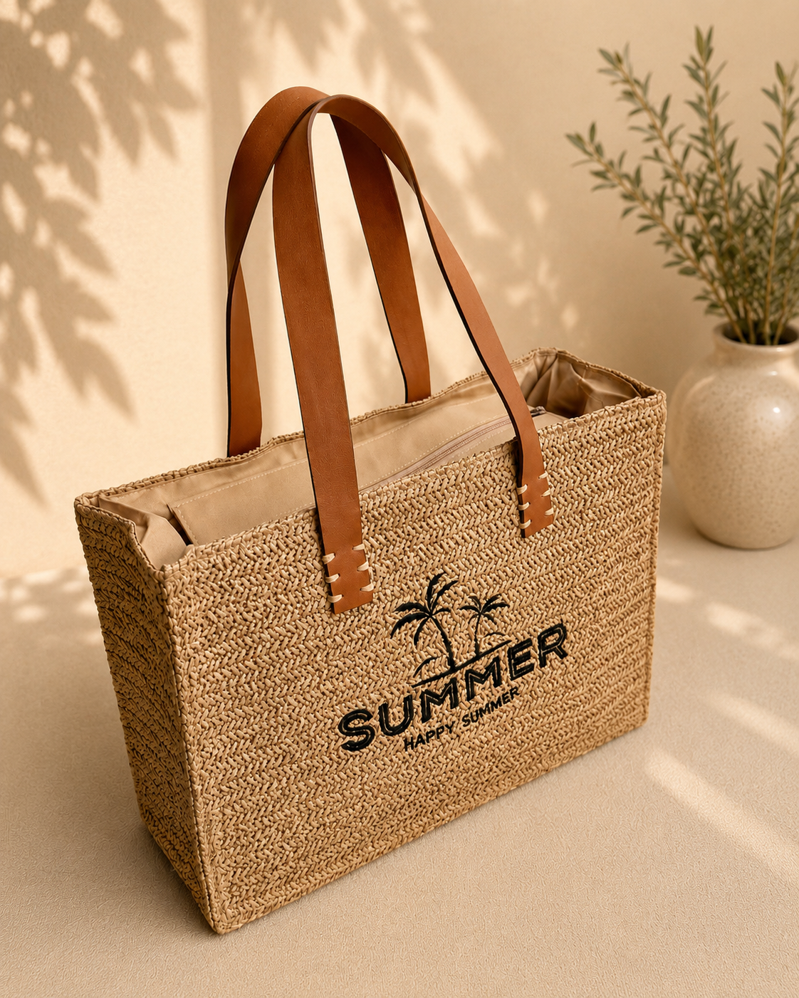 Summer Palm Woven Tote Bag