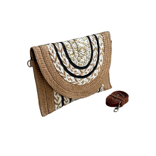 Black stripe woven straw clutch - tan