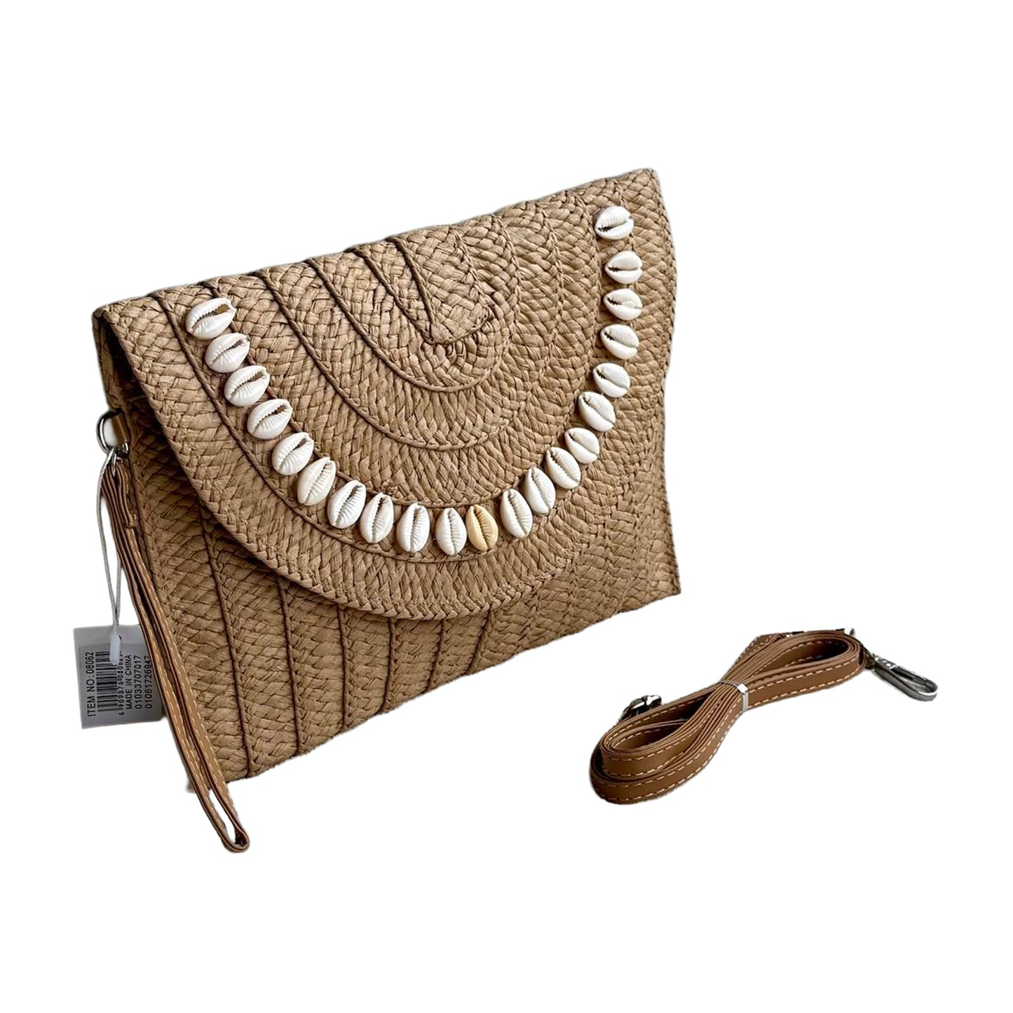 Shell trim woven straw clutch - tan