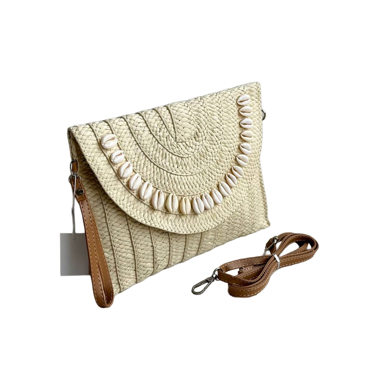 Shell trim woven straw clutch - cream